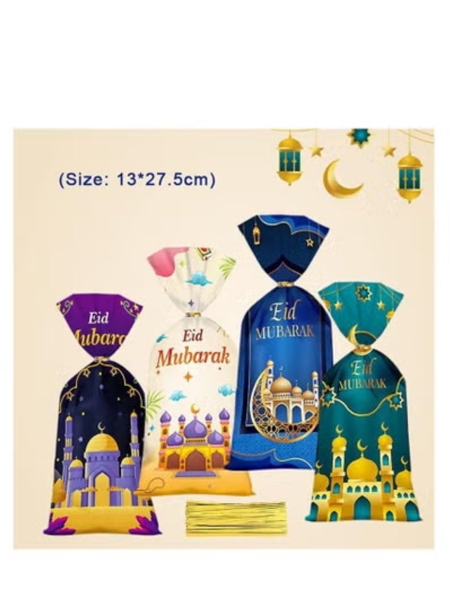 50 PCS Eid Mubarak Cellophane Bags Muslim Ramadan Cello Bags Castle Moon Goody Bag with Twist Ties Eid Mubarak Candy Bags Green Blue Treat Gift Bag for Muslim Festival Eid Party Favor - Image 2
